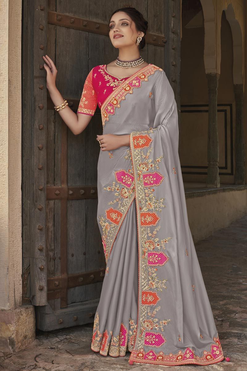 Function Wear Silk Grey Color Supreme Embroidered Saree