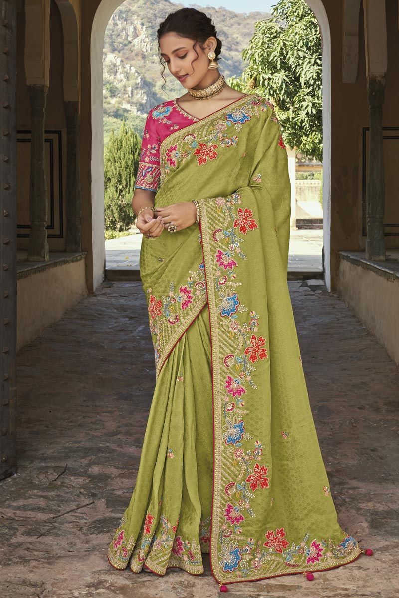 Green Color Silk Function Wear Adroit Embroidered Saree