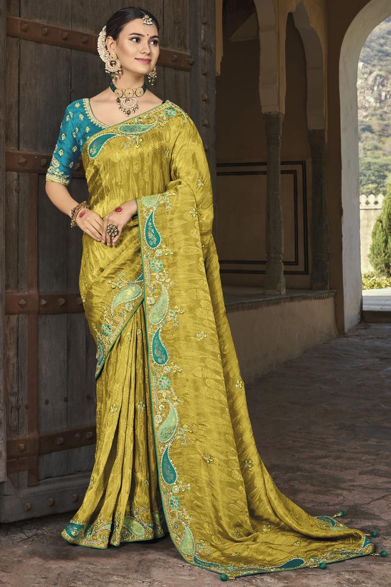 Yellow Color Function Wear Silk Incredible Embroidered Saree