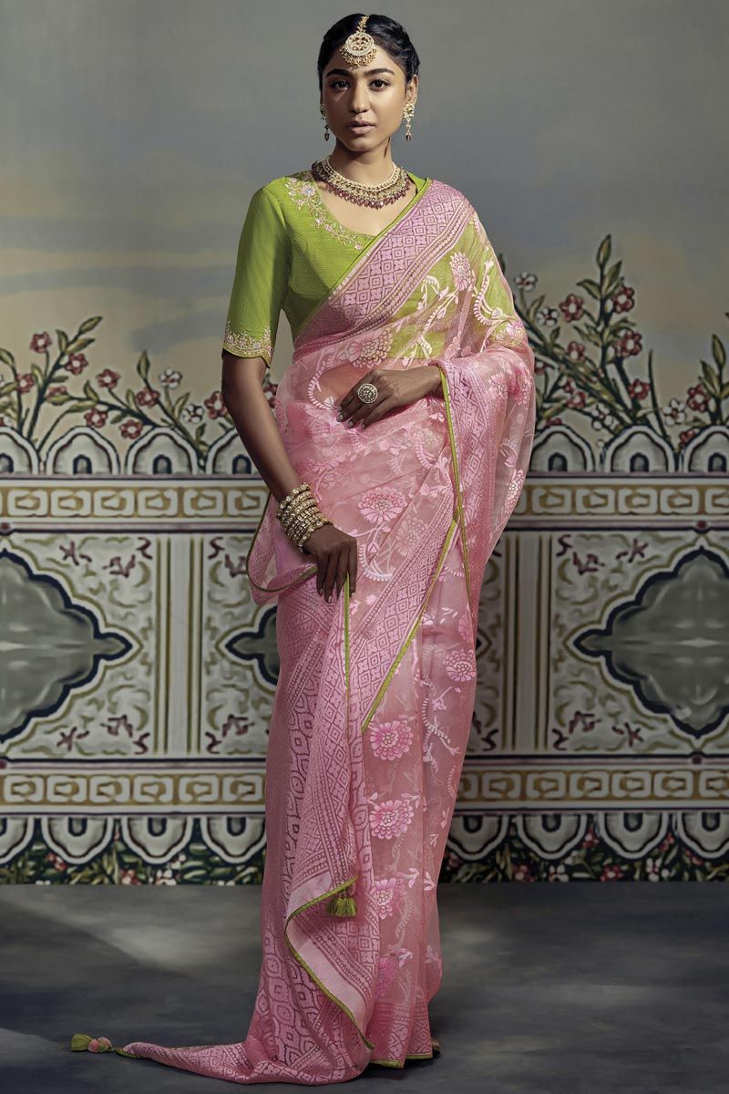 Pink Soft Organza Saree With Beautiful Embroidery Work Blouse