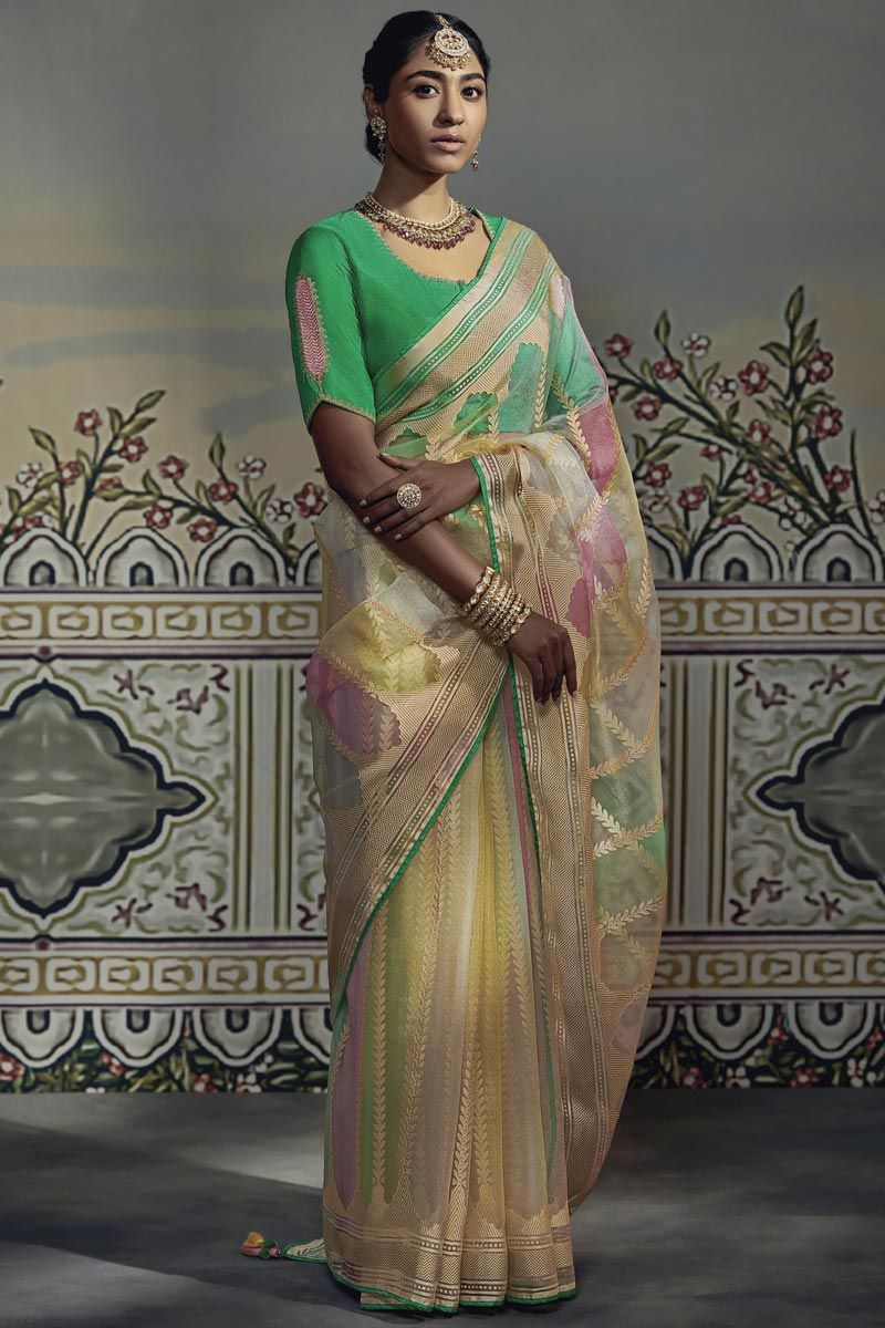 Multi Colour Organza Saree With Beautiful Embroidery Work Blouse