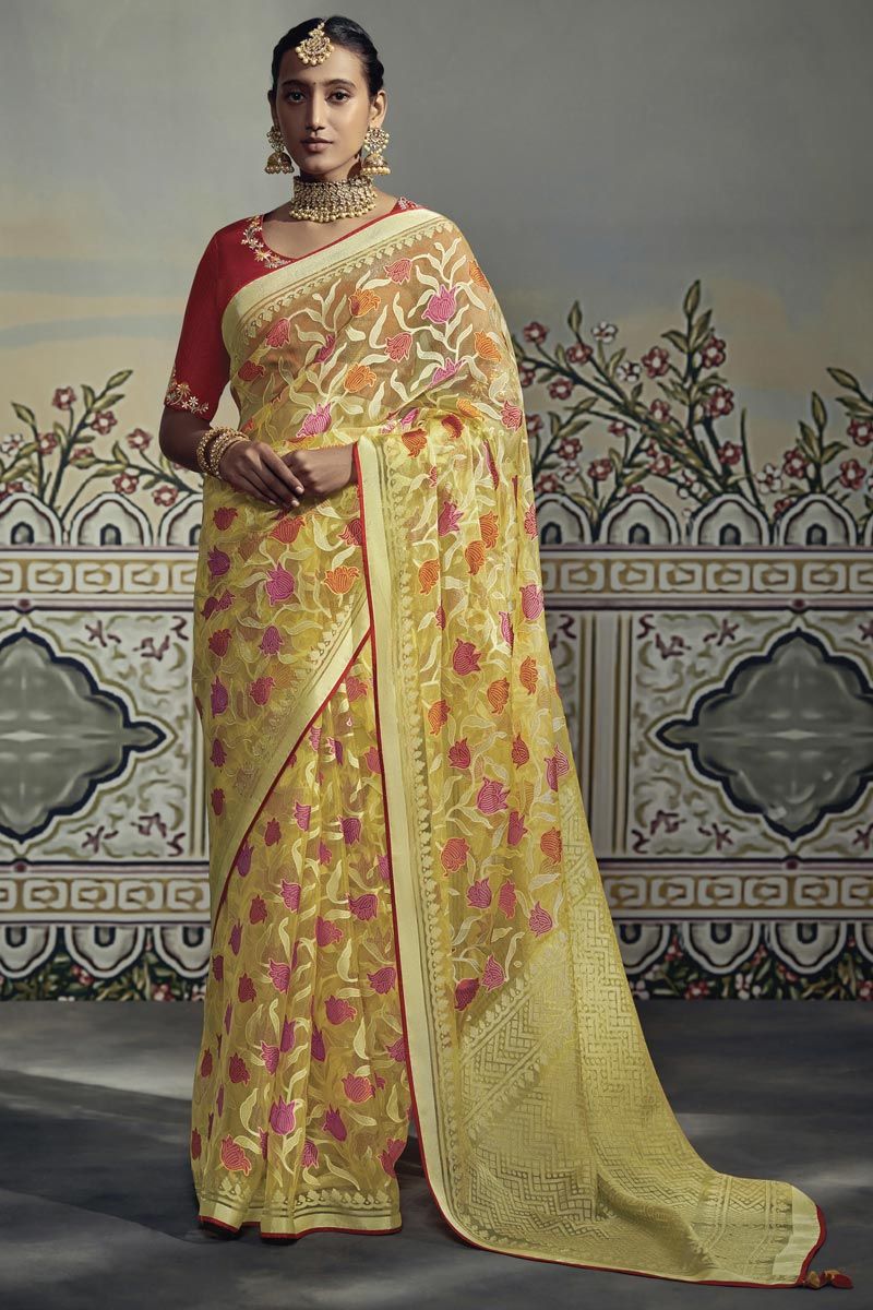 Yellow Organza Saree With Embroidery Work Blouse