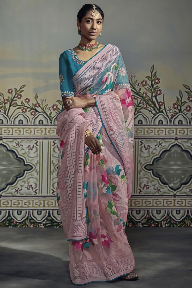 Light Pink Organza Saree With Embroidery Work Blouse