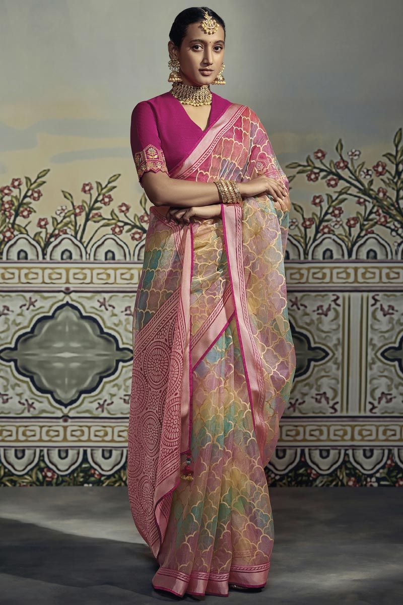 Peach Organza Saree With Embroidery Work Blouse