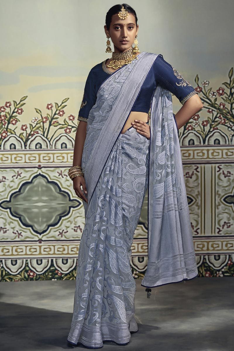 Grey Color Organza Saree With Embroidery Work Blouse