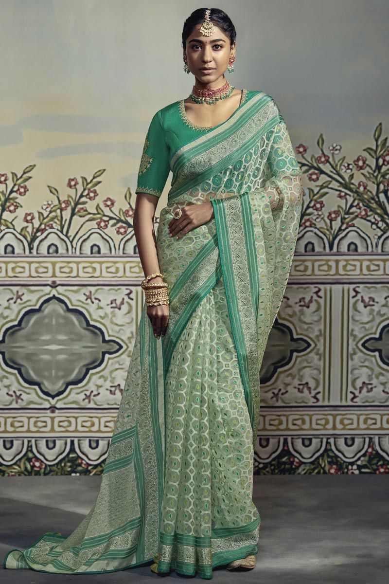 Sea Green Organza Saree With Embroidery Work Blouse