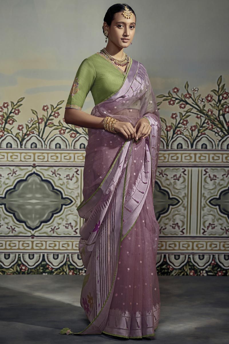 Purple Organza Saree With Embroidery Work Blouse