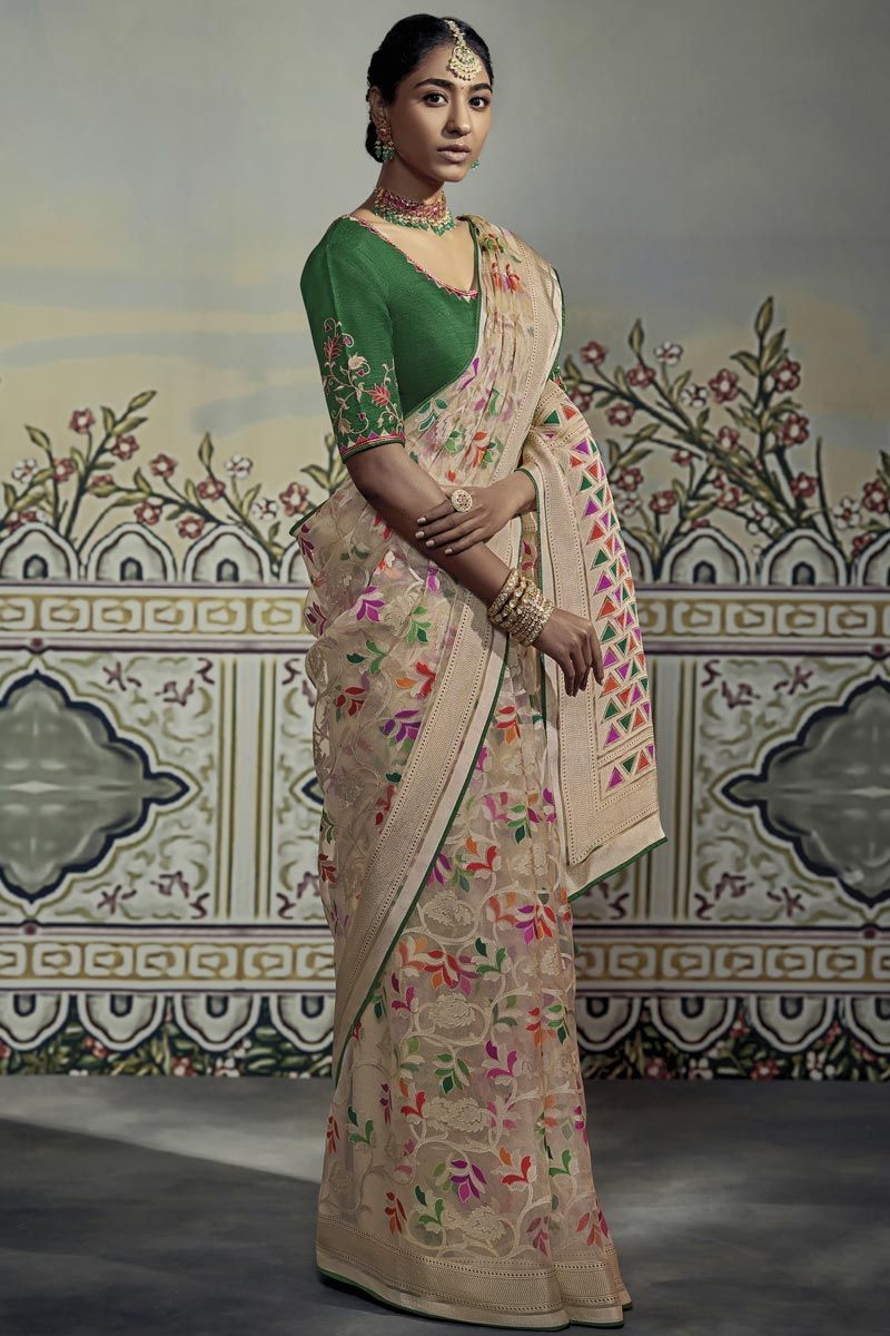 Cream Color Organza Saree With Embroidery Work Blouse