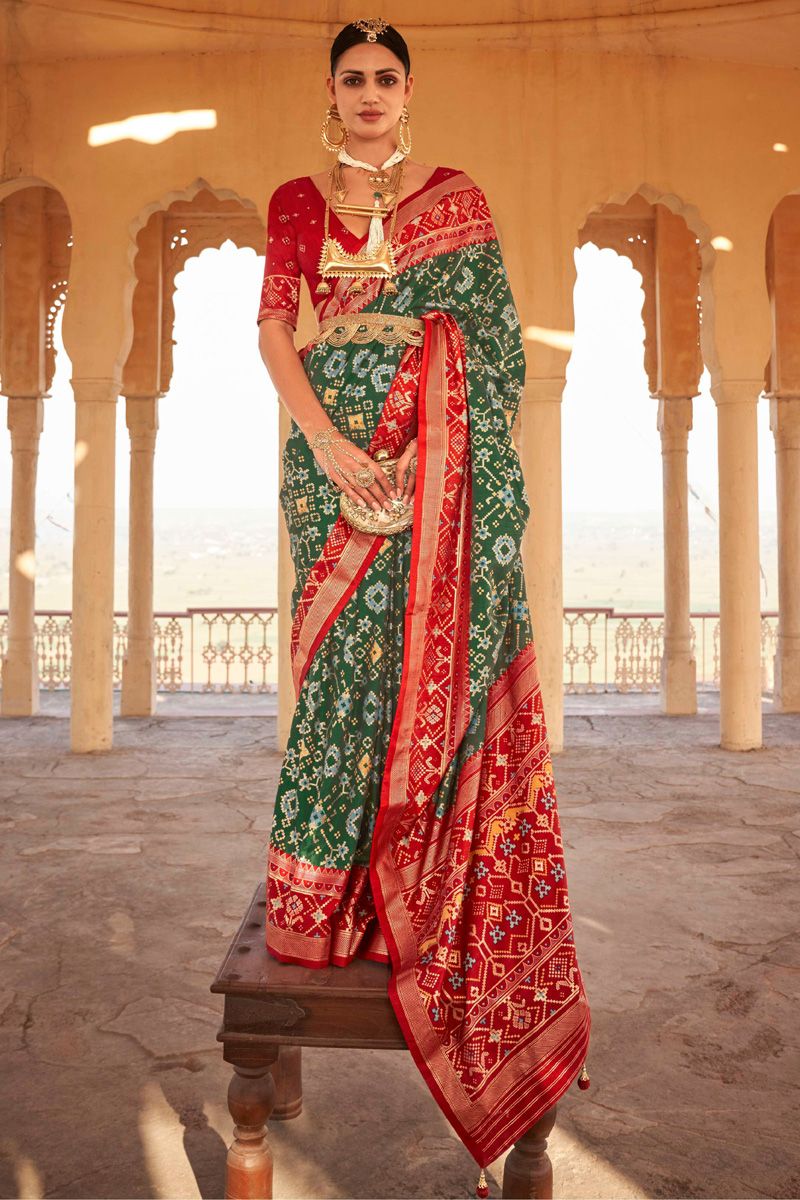 Green And Red Patola Print Silk Classic Saree