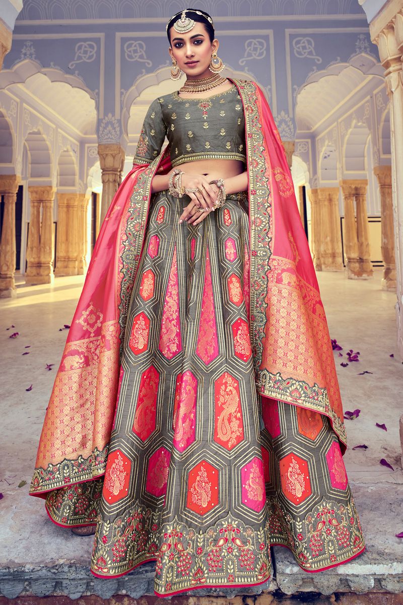 Silk Resham Trendy Lehenga Choli In Grey And Pink