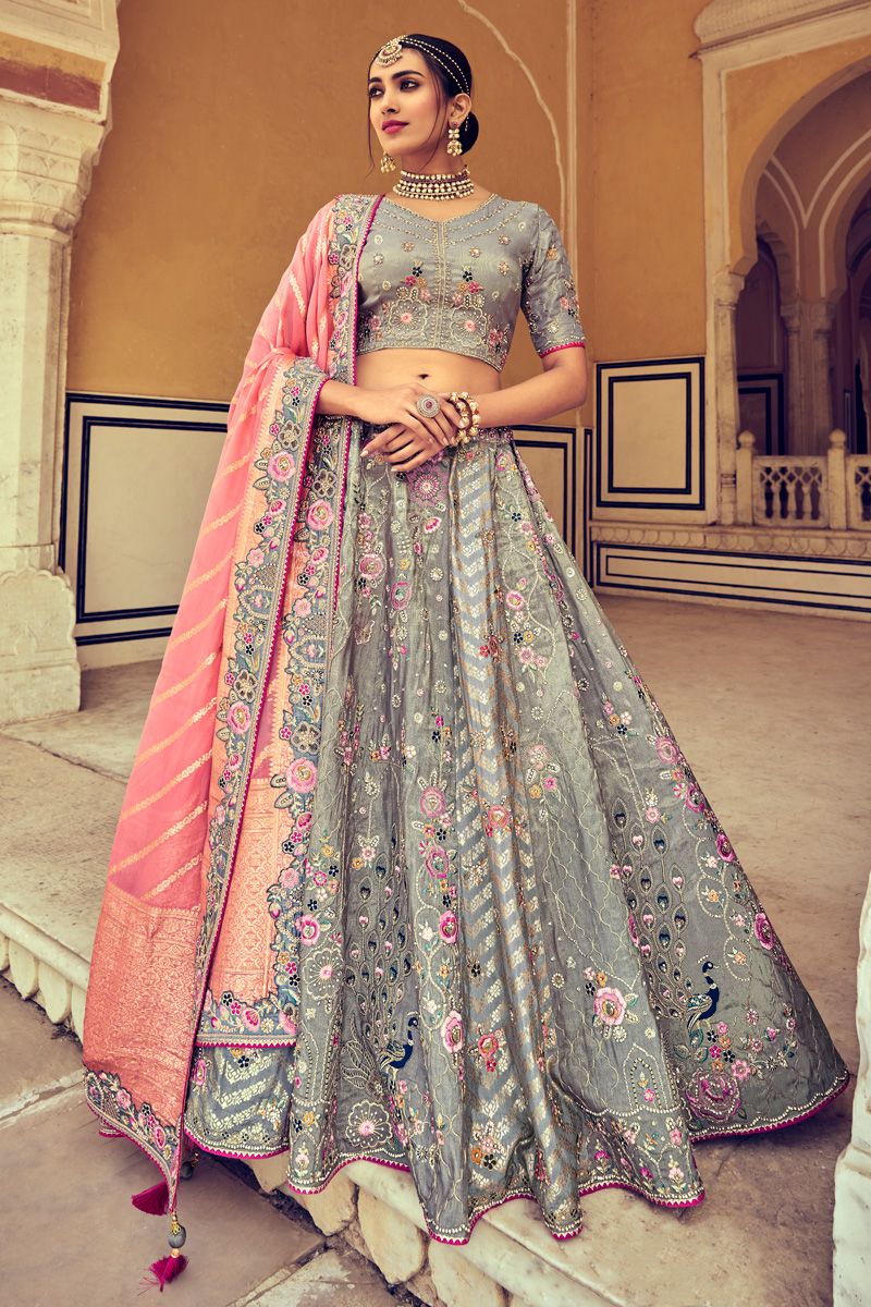 Grey Silk A Line Lehenga Choli