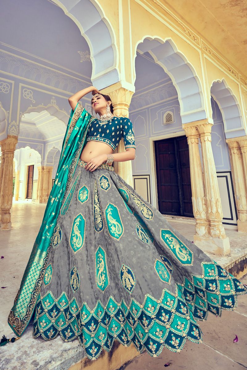 Silk Grey And Teal Beads Lehenga Choli