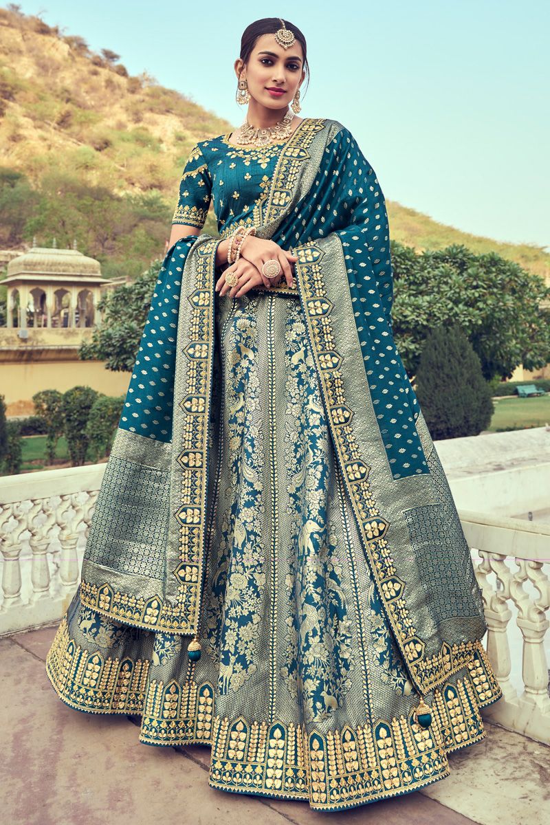 Silk Embroidered Teal A Line Lehenga Choli