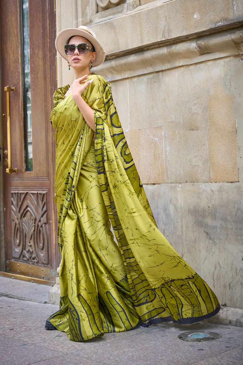 Printed Work On Green Color Satin Casual Saree