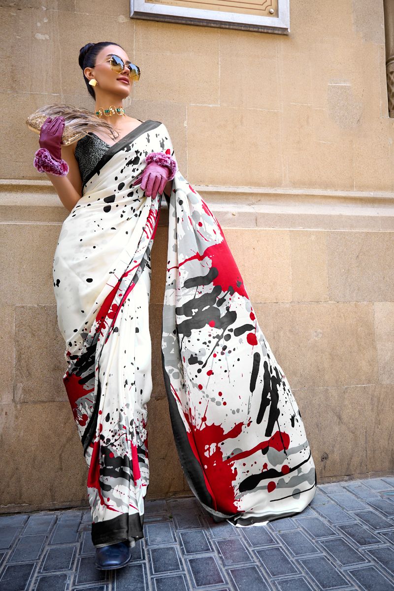 Off White Color Satin Casual Saree With Printed Work