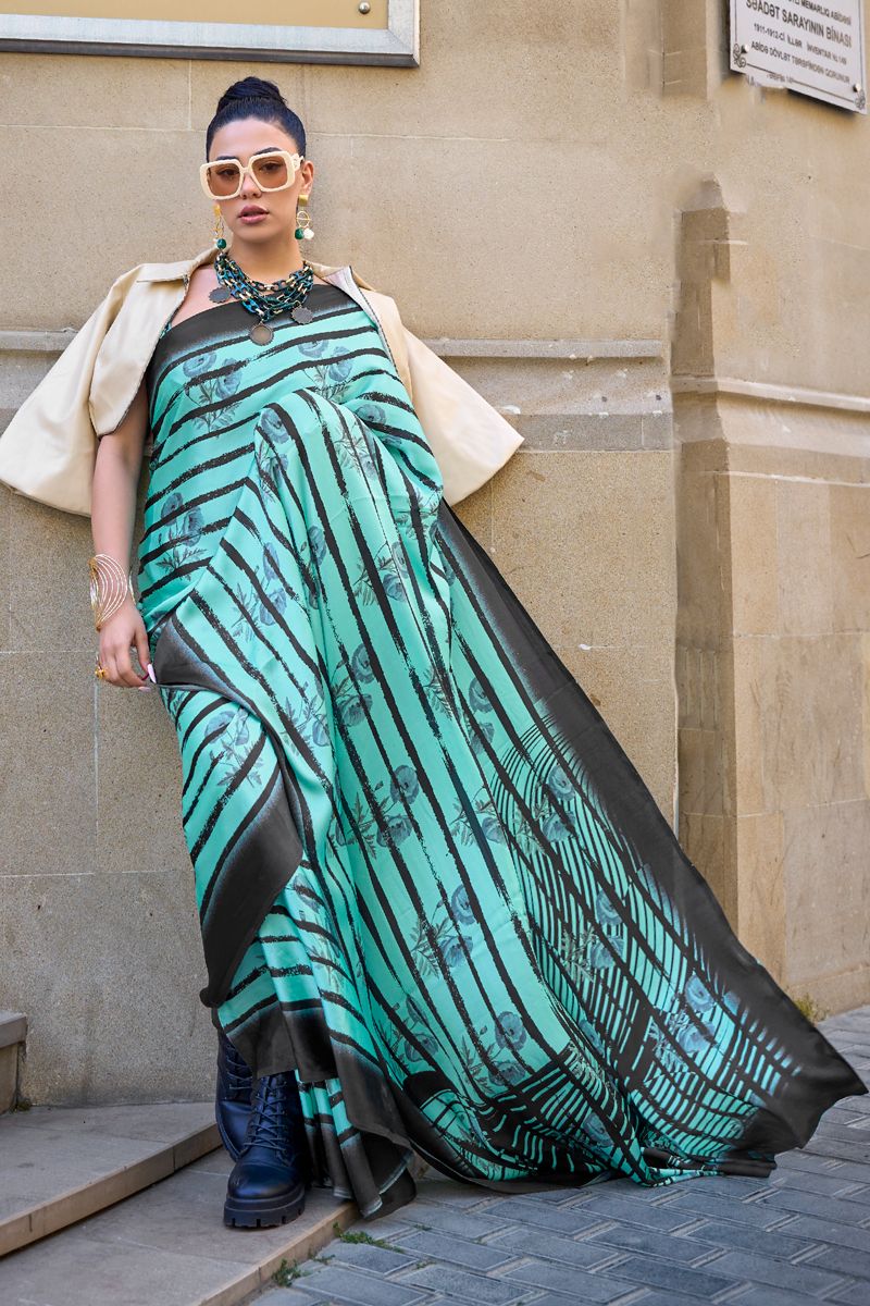 Printed Work On Sea Green Color Satin Casual Saree