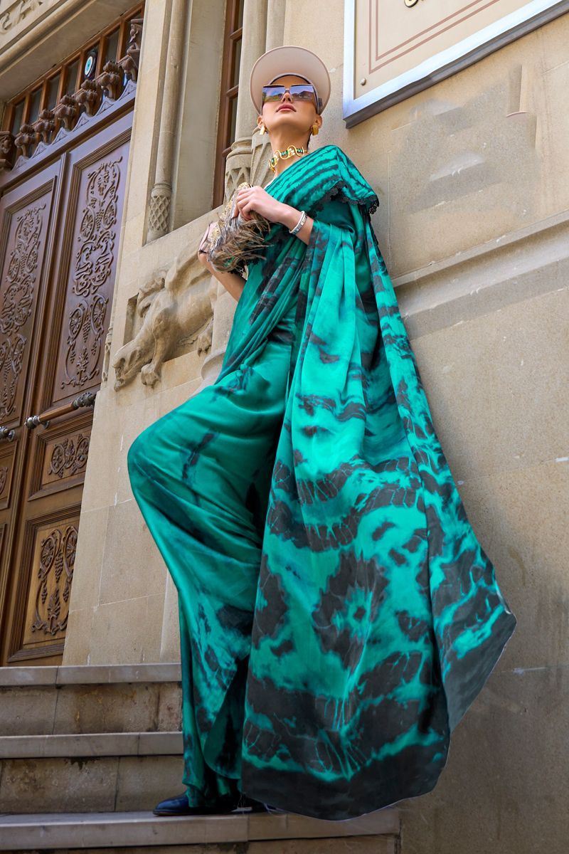 Green Color Pleasance Satin Casual Saree With Printed Work