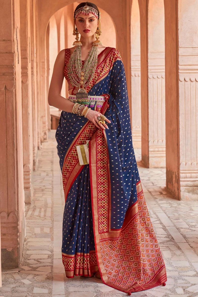 Navy Blue Color Stylish Art Silk Fabric Casual Patola Saree