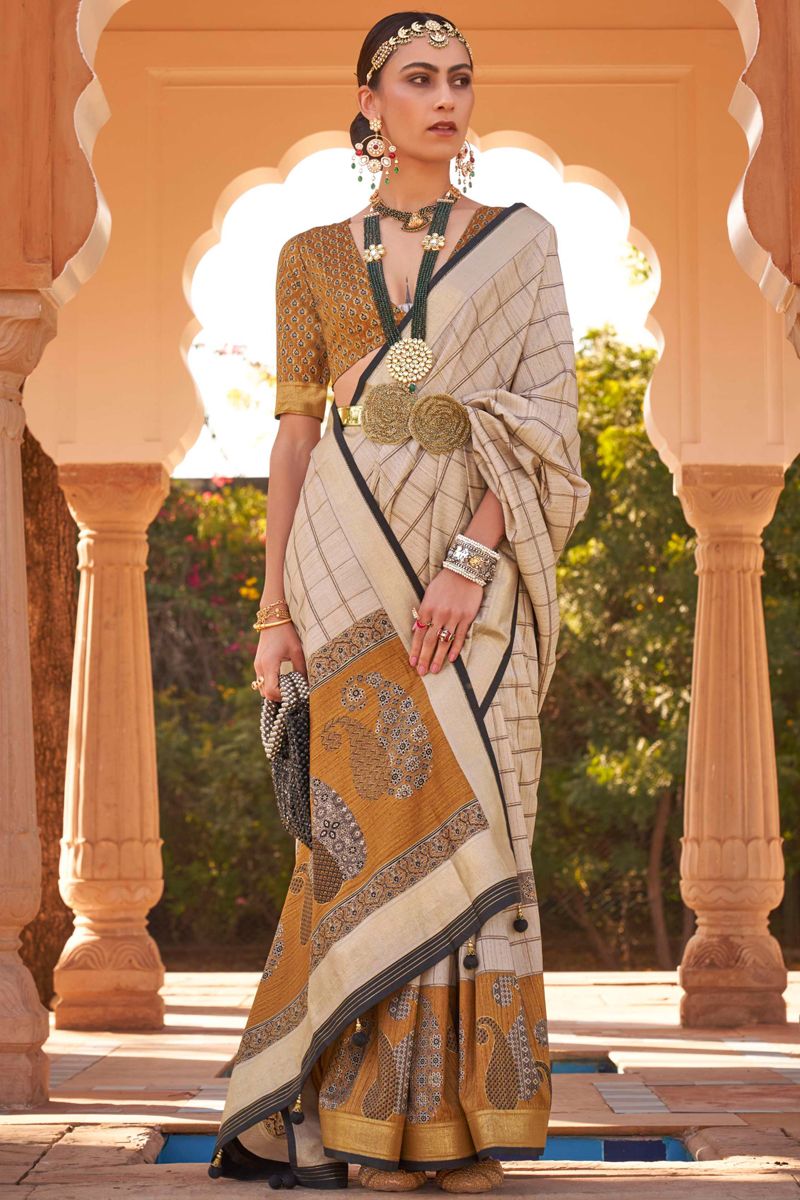 Printed Patola Silk Fabric Beige Color Fancy Festive Wear Saree