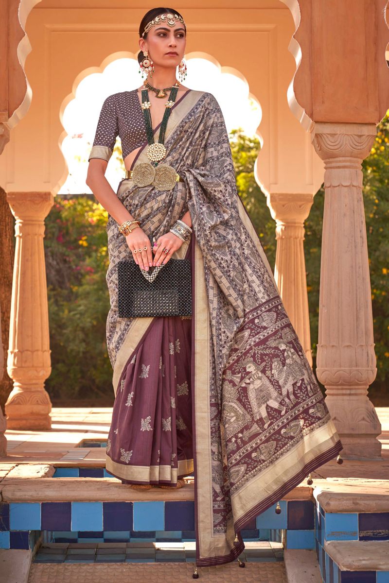 Printed Patola Silk Fabric Wine Color Function Wear Saree