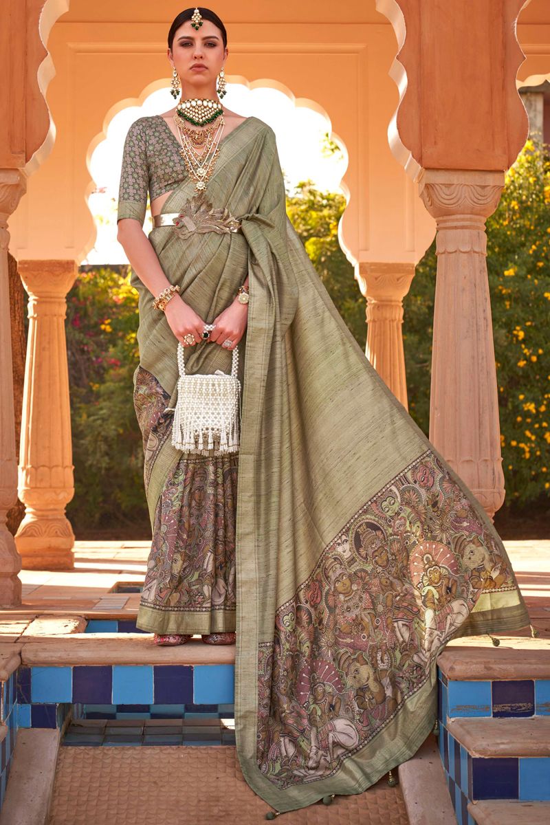 Olive Color Printed Patola Silk Fabric Festive Wear Saree