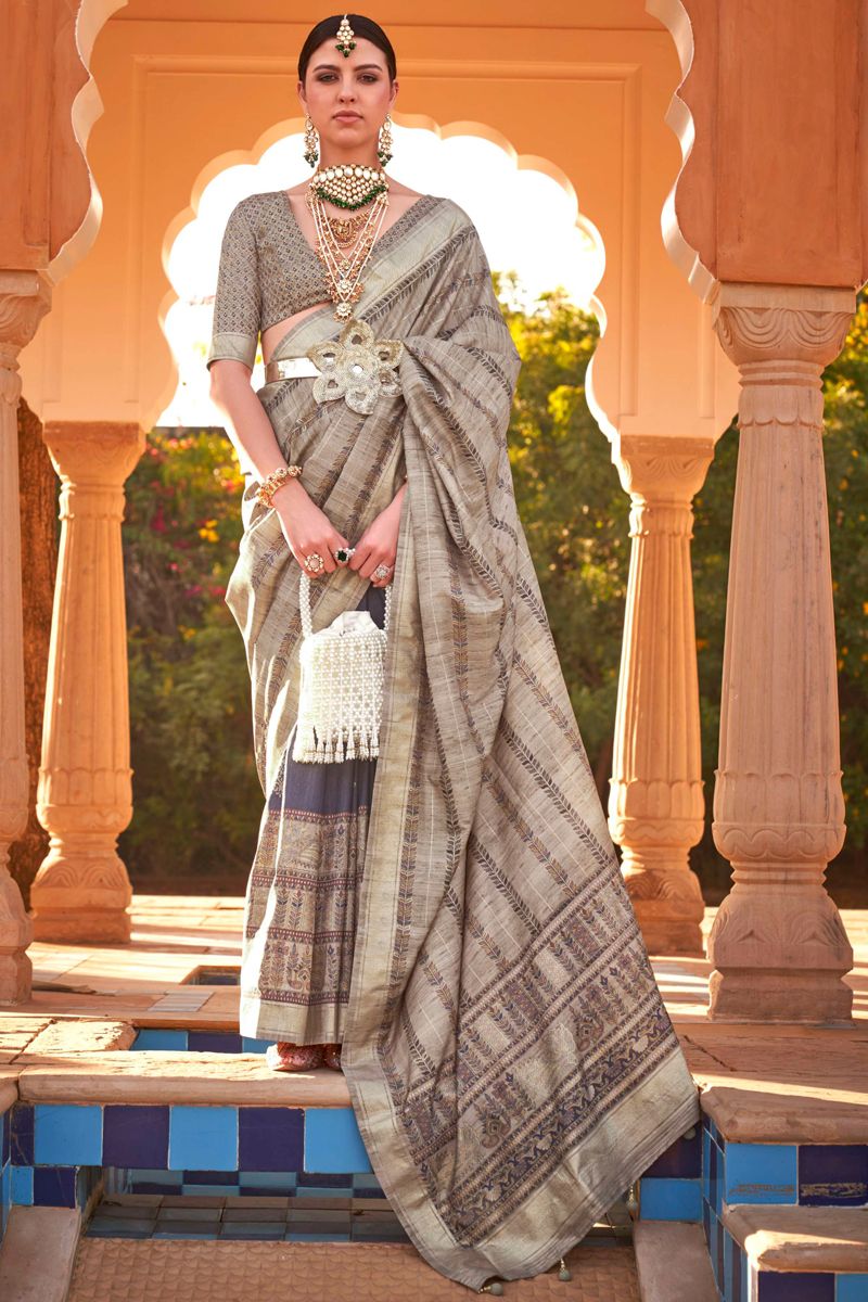 Printed Patola Silk Fabric Dark Beige Color Reception Wear Saree