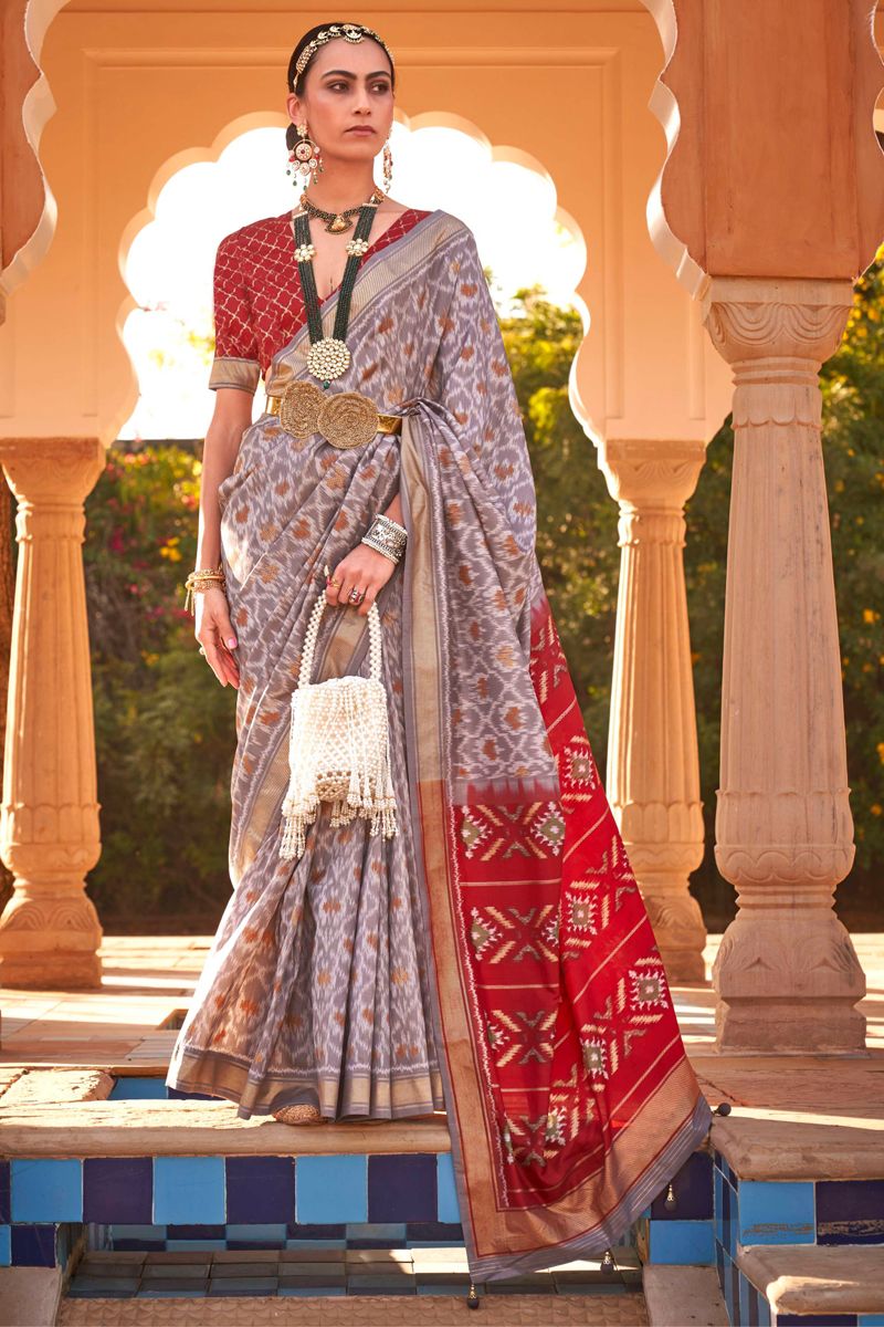 Function Wear Grey Color Printed Patola Silk Fabric Saree