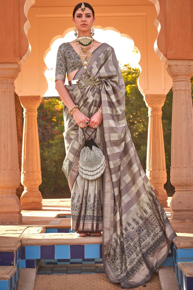 Festive Wear Printed Patola Silk Fabric Saree In Grey Color