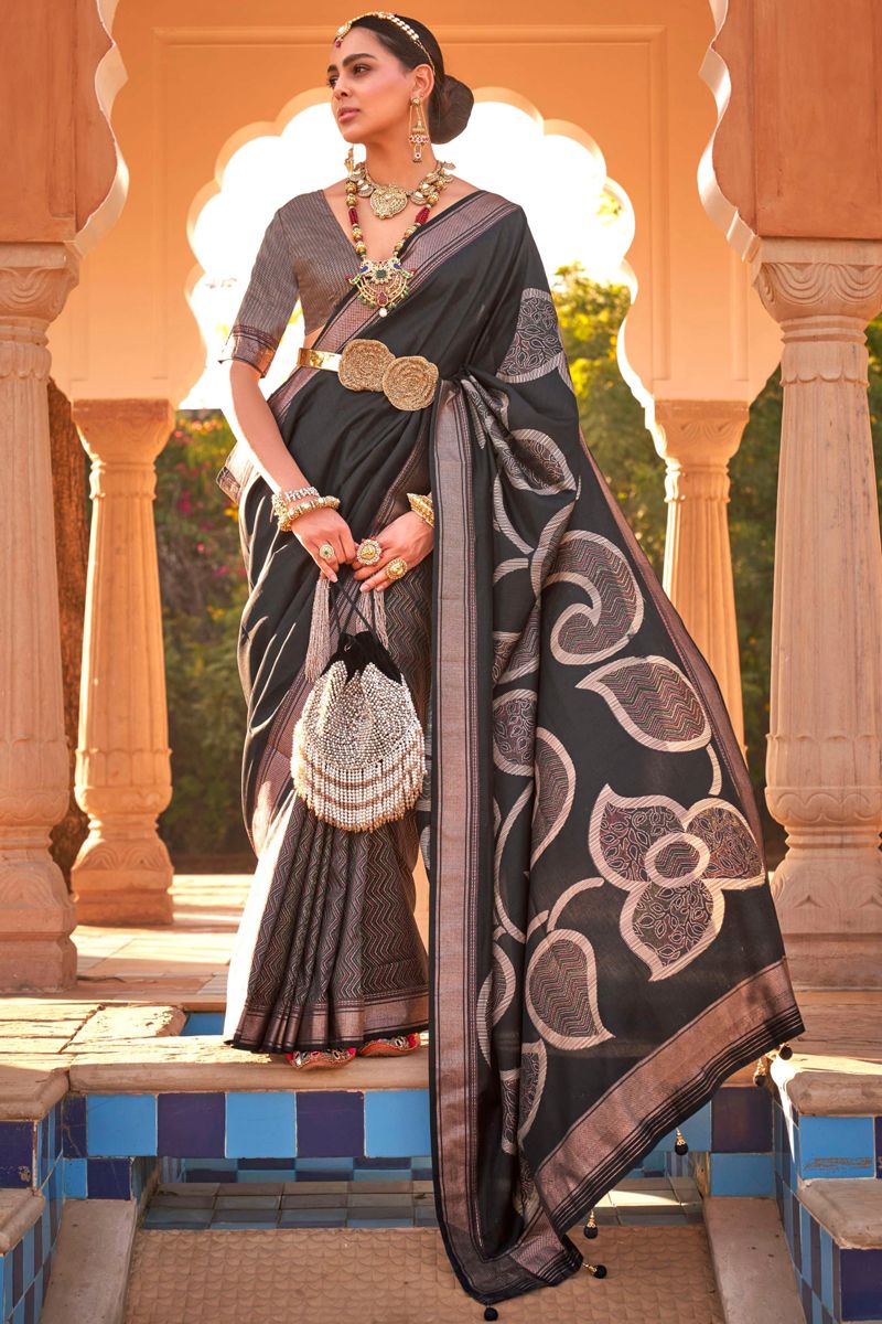 Black Color Reception Wear Printed Patola Silk Fabric Saree