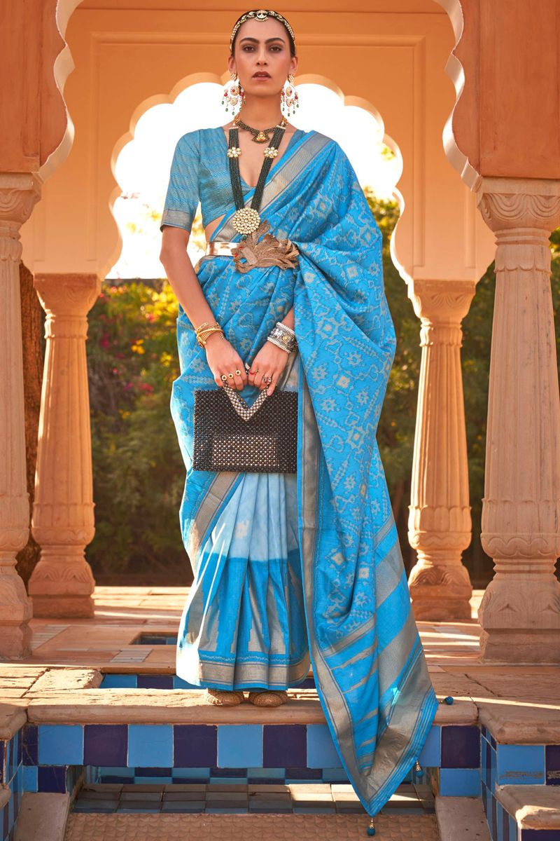 Printed Patola Silk Fabric Function Wear Sky Blue Color Saree