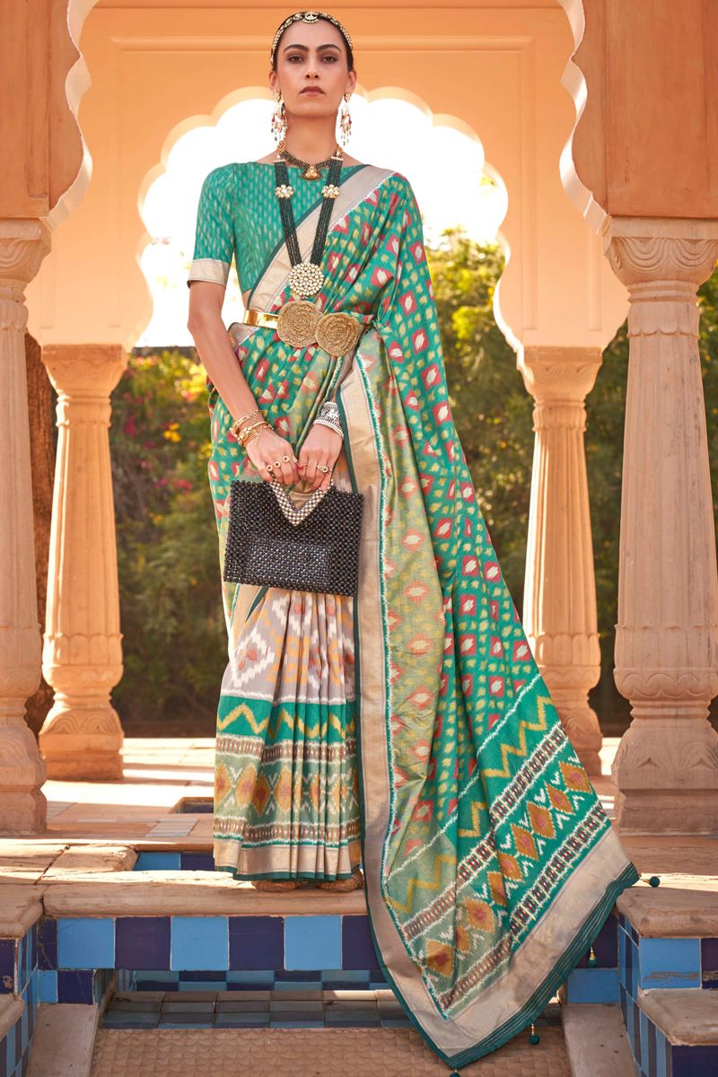 Function Wear Printed Patola Silk Fabric Sea Green Color Saree