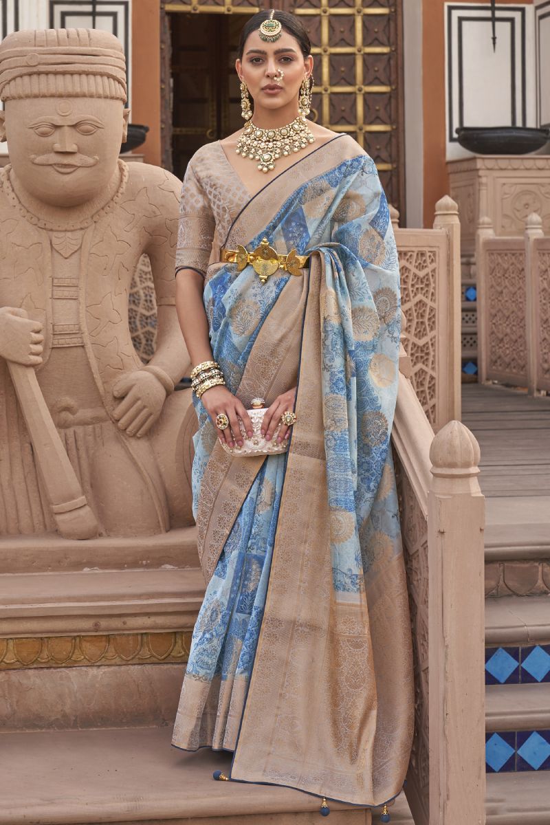 Sky Blue Color Organza Fabric Sangeet Wear Printed Saree