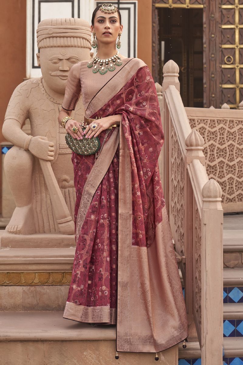 Maroon Color Organza Fabric Printed Function Wear Fancy Saree