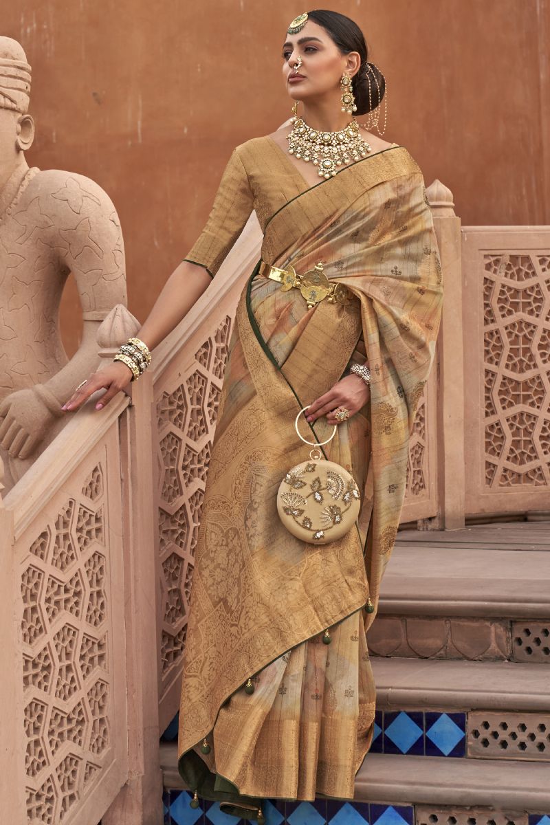 Organza Fabric Beige Color Printed Festive Wear Trendy Saree