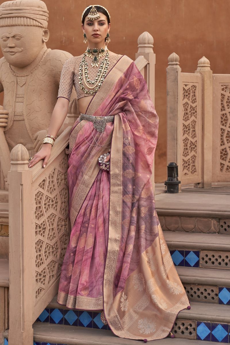 Pink Color Printed Organza Fabric Sangeet Wear Saree