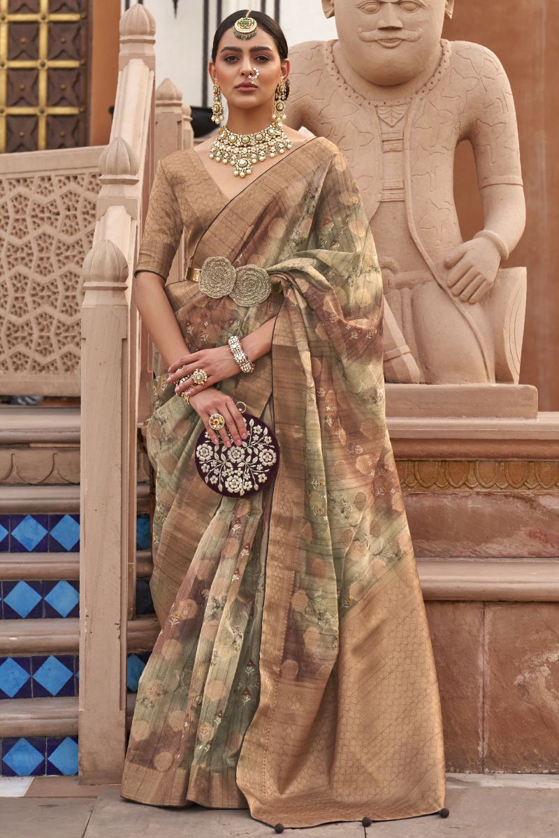 Printed Organza Fabric Sangeet Wear Green Color Designer Saree