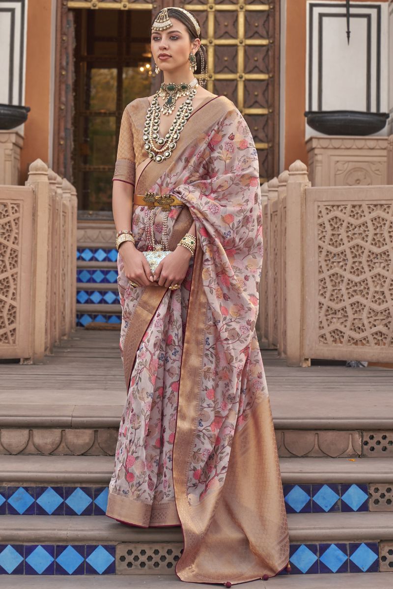 Beige Color Organza Fabric Printed Festive Wear Fancy Saree