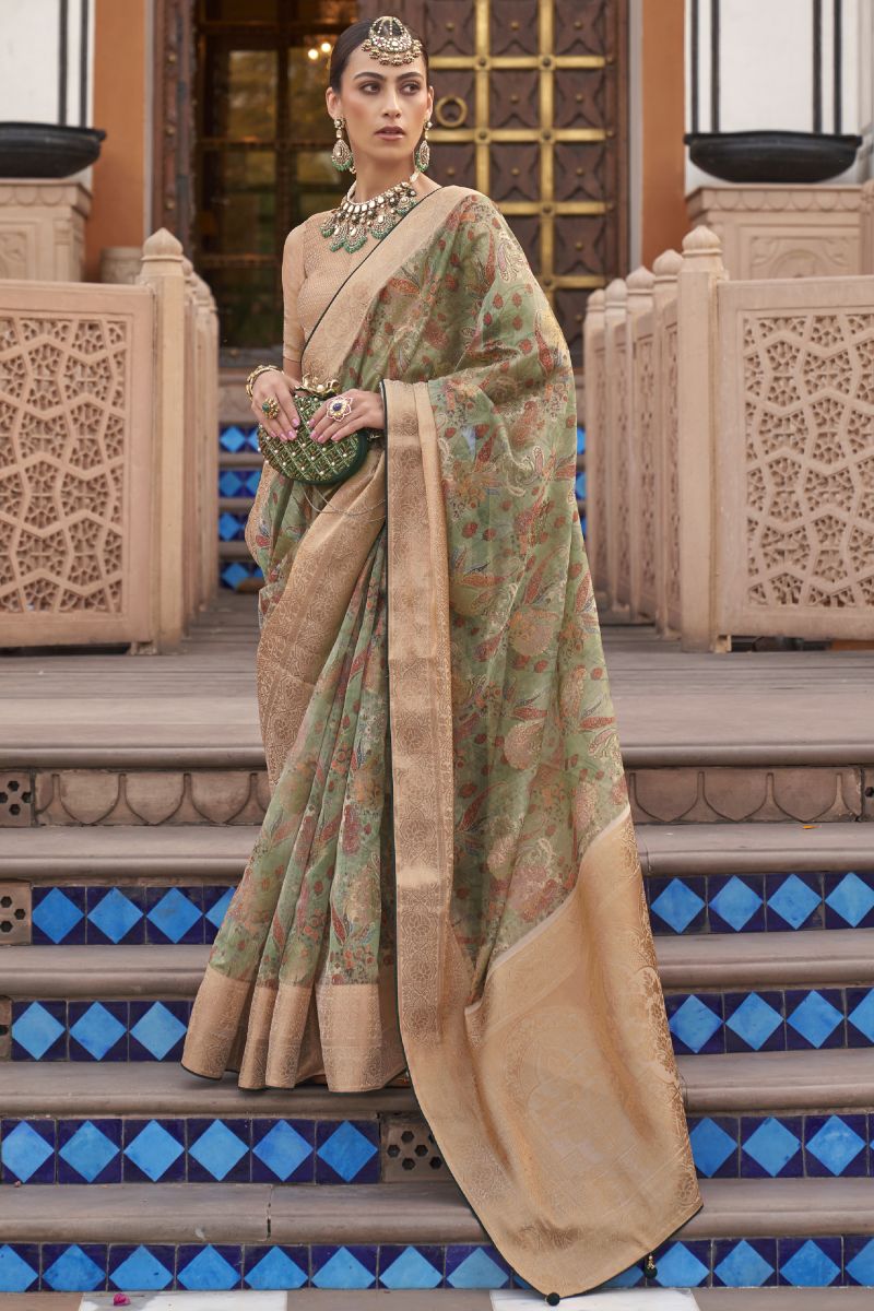 Organza Fabric Printed Green Color Sangeet Wear Trendy Saree