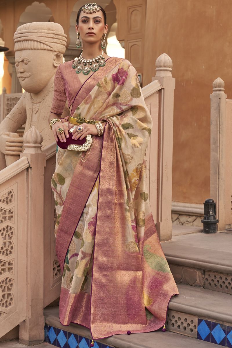 Beige Color Organza Fabric Fancy Printed Sangeet Wear Saree