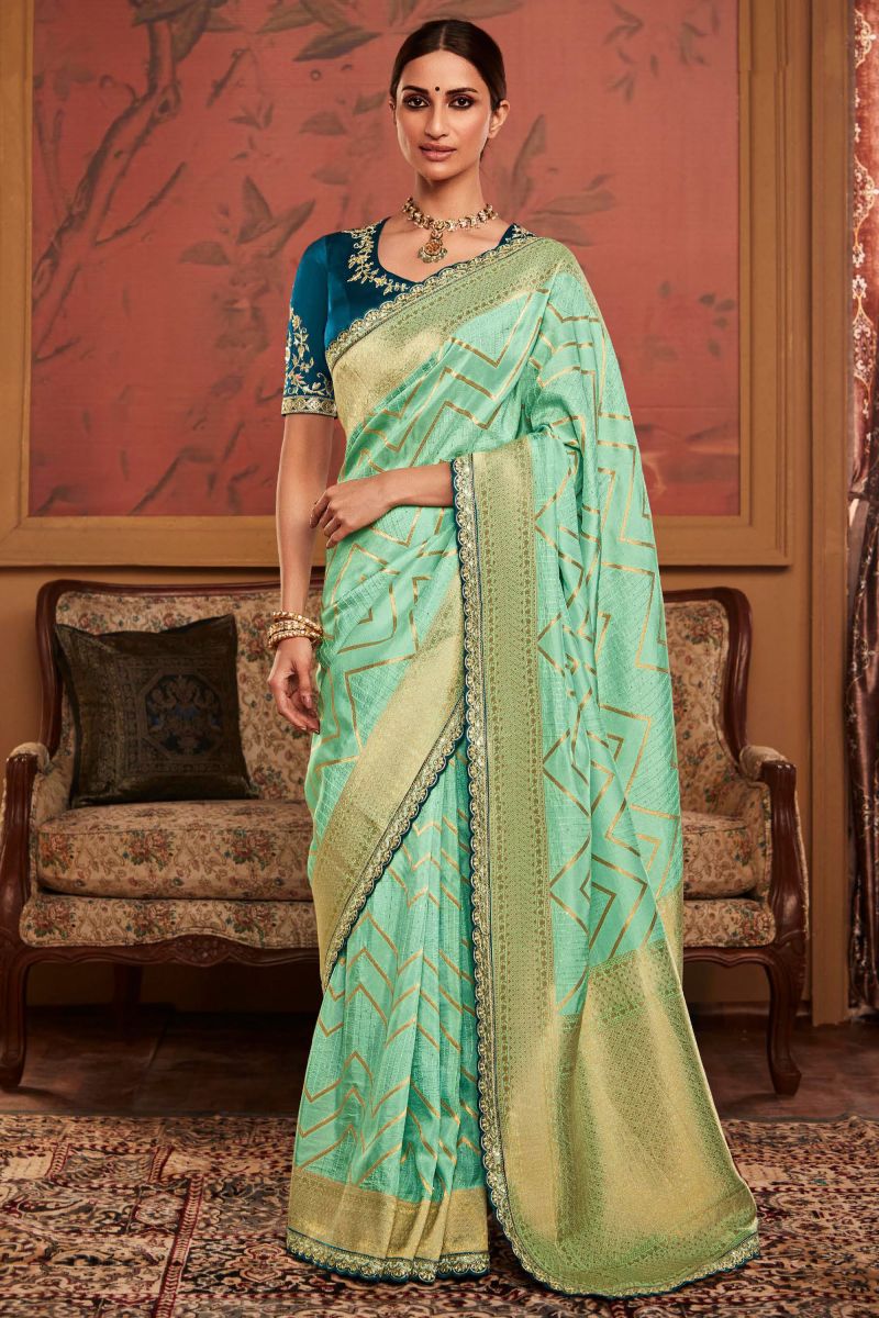 Sea Green Color Dola Silk Sangeet Wear Weaving Work Saree