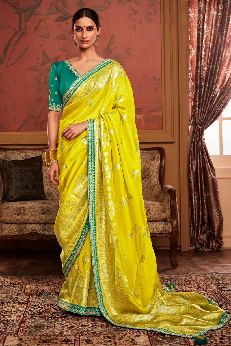 Yellow Color Dola Silk Weaving Work Function Wear Fancy Saree