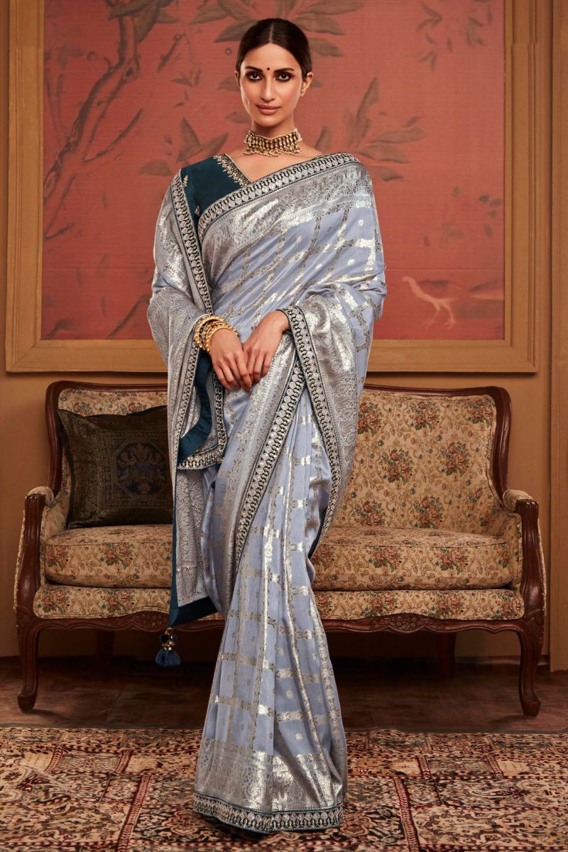 Dola Silk Grey Color Weaving Work Festive Wear Trendy Saree