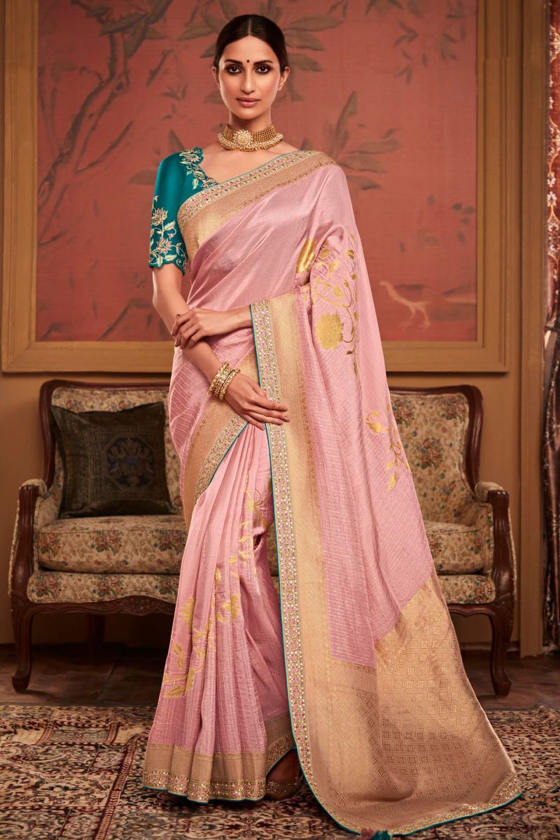 Pink Color Weaving Work Dola Silk Sangeet Wear Saree