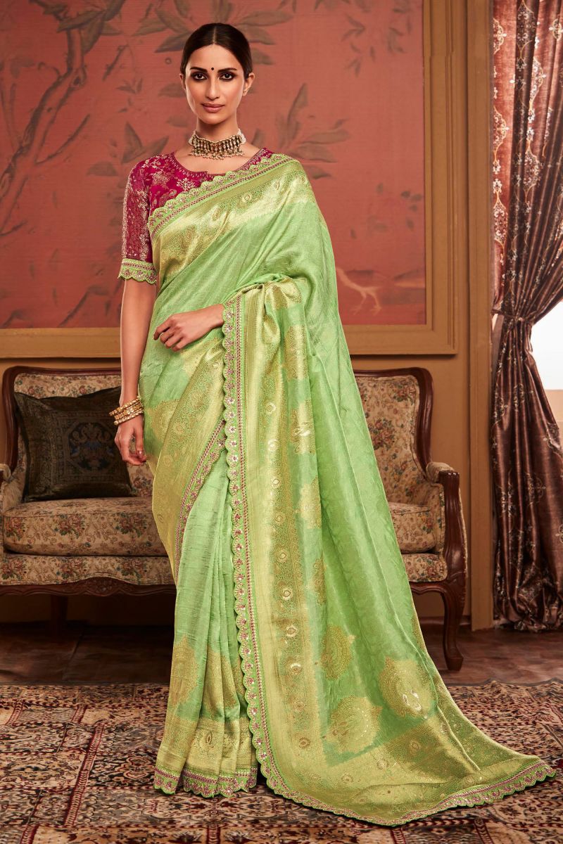 Weaving Work Dola Silk Sangeet Wear Green Color Designer Saree