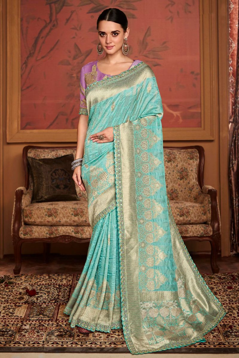 Sky Blue Color Reception Wear Trendy Weaving Work Saree In Dola Silk Fabric