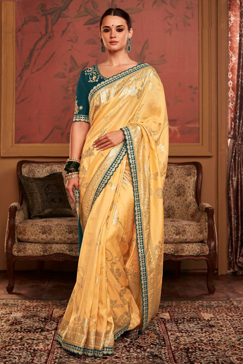 Dola Silk Weaving Work Cream Color Sangeet Wear Trendy Saree