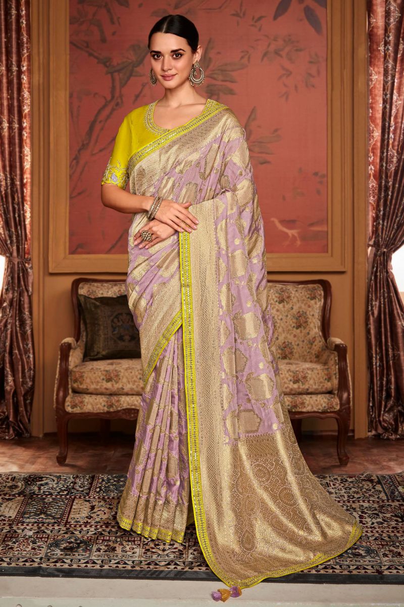 Lavender Color Dola Silk Fancy Weaving Work Sangeet Wear Saree