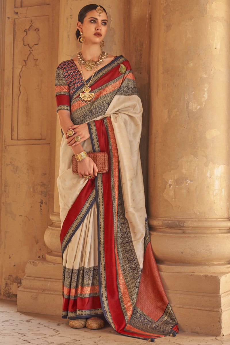 Beige Color Kanjivaram Silk Fabric Weaving Print Function Wear Fancy Saree With Patola Design Blouse