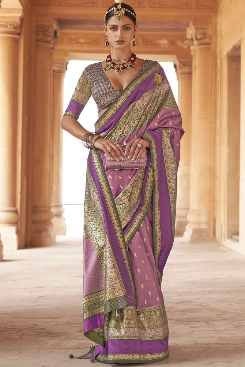 Violet Color Kanjivaram Silk Fabric Weaving Print Function Wear Fancy Saree With Patola Design Blouse