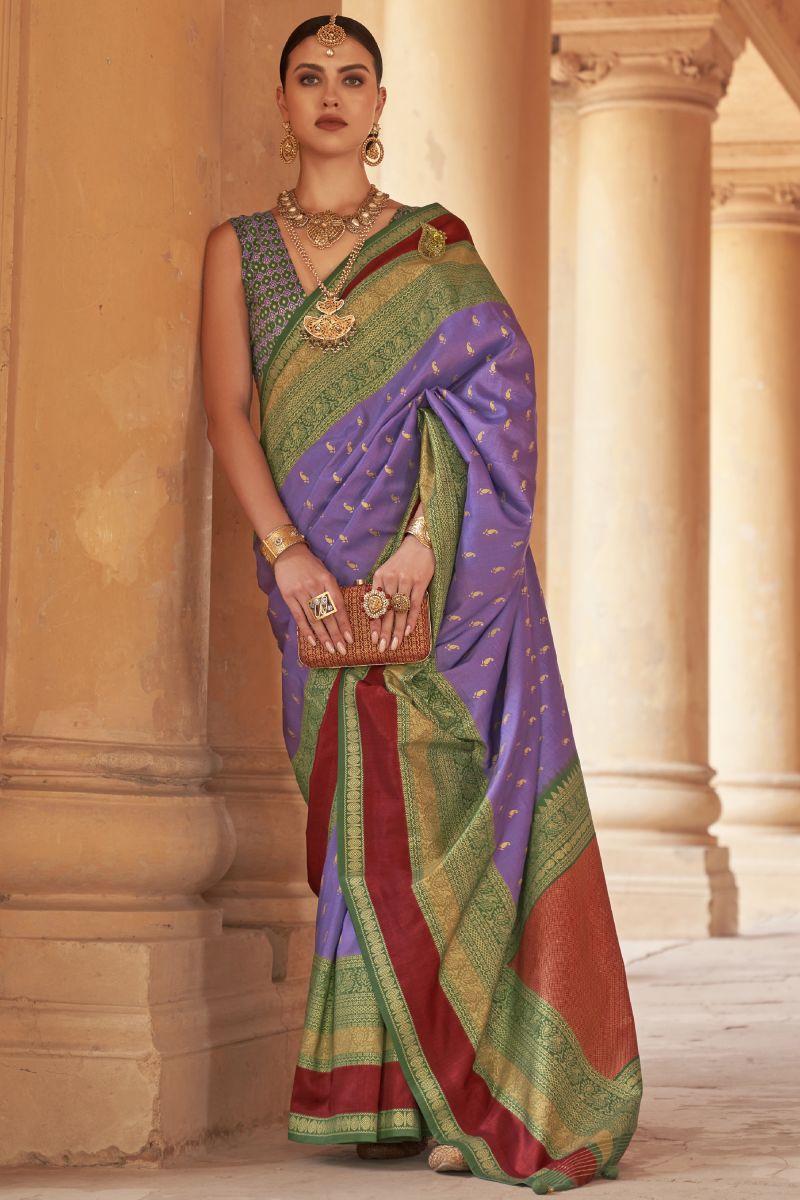 Purple Color Weaving Print Kanjivaram Silk Fabric Sangeet Wear Saree With Patola Design Blouse